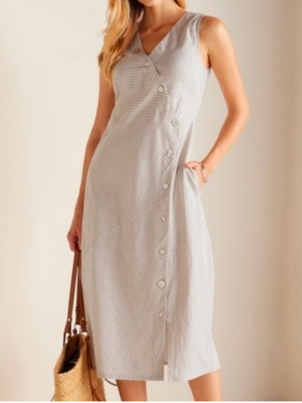 Soft Surroundings Women's Asymmetrical Beige Striped Dress XL
